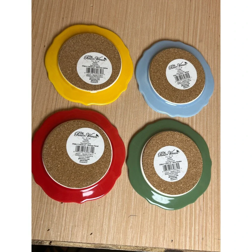 Pioneer Woman Stoneware Coaster Set/4 Floral Scalloped Edge Cork Back Farmhouse